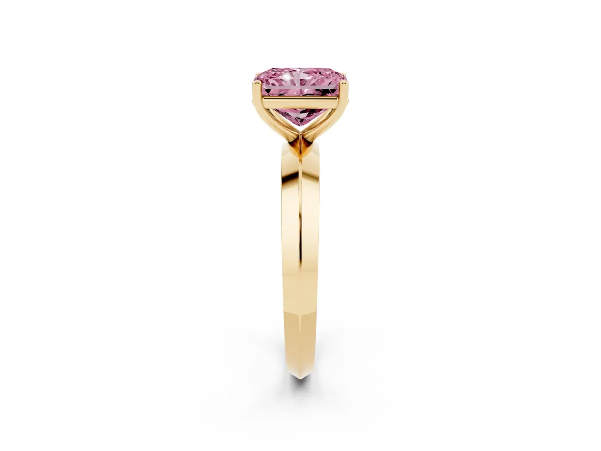 Fancy Pink Radiant Cut Cut Solitaire Engagement Ring with Flat Band and Four-Prong Setting Yellow gold
