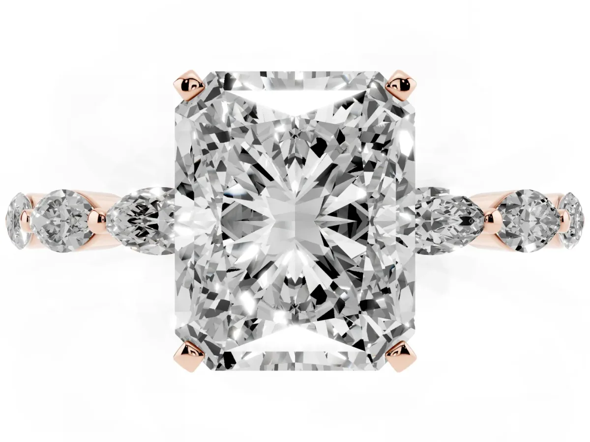 Radiant Cut Diamond Ring with Marquise Side Stones and Prong Setting Rose gold