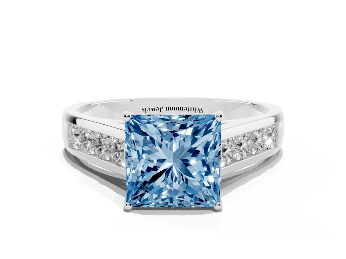 Fancy Blue Princess Cut Brilliant Channel-Set Solitaire Ring with Four-Prong Setting Silver