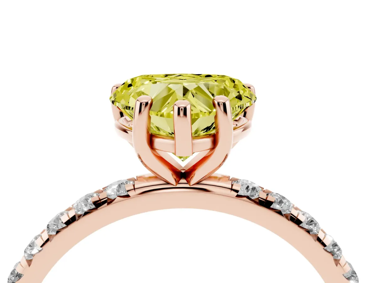 Fancy Yellow Heart Cut Cut Diamond Solitaire Ring with Micro Pave Band and Four Prong Setting Rose gold