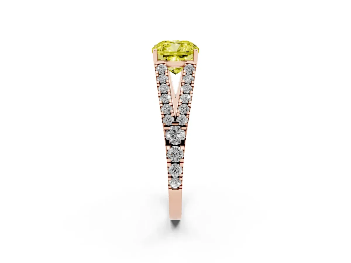 Fancy Yellow Cushion Cut Diamond Split Shank Engagement Ring with Round Pavé and Prong Setting Rose gold