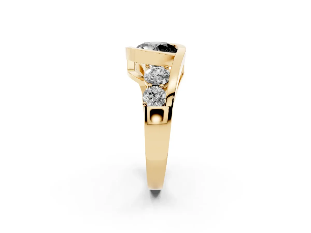 Fancy Black Bezel Set Round Cut Diamond Bypass Ring with Round Accents Yellow gold