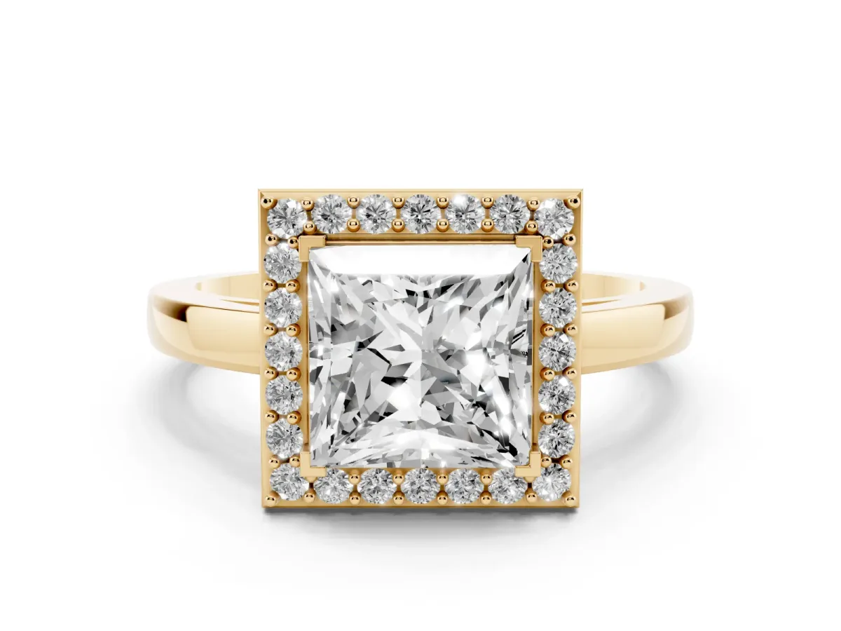 Princess Cut Halo Diamond Ring with Solitaire Band and Prong Setting Yellow gold