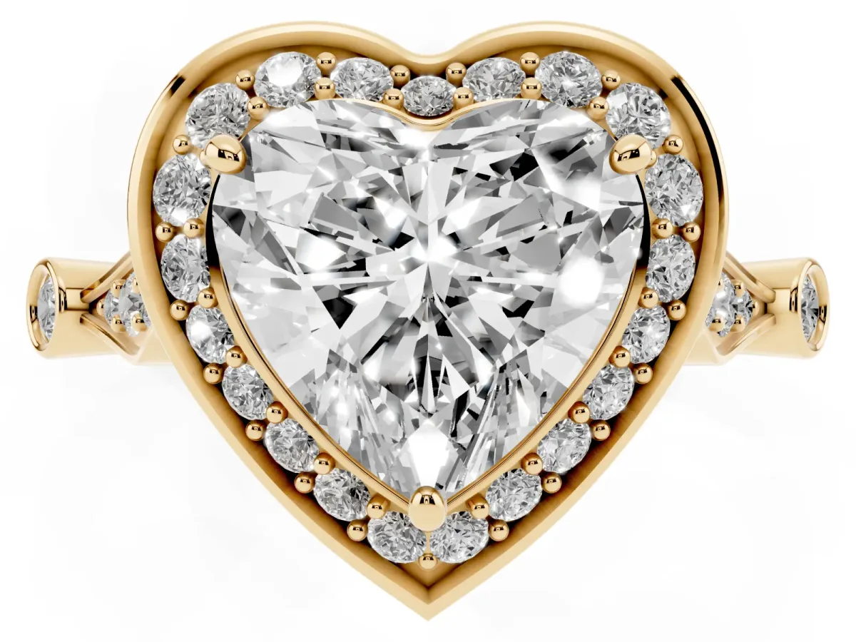 Heart Cut Halo Diamond Engagement Ring with Twisted Band and Four-Prong Setting Yellow gold