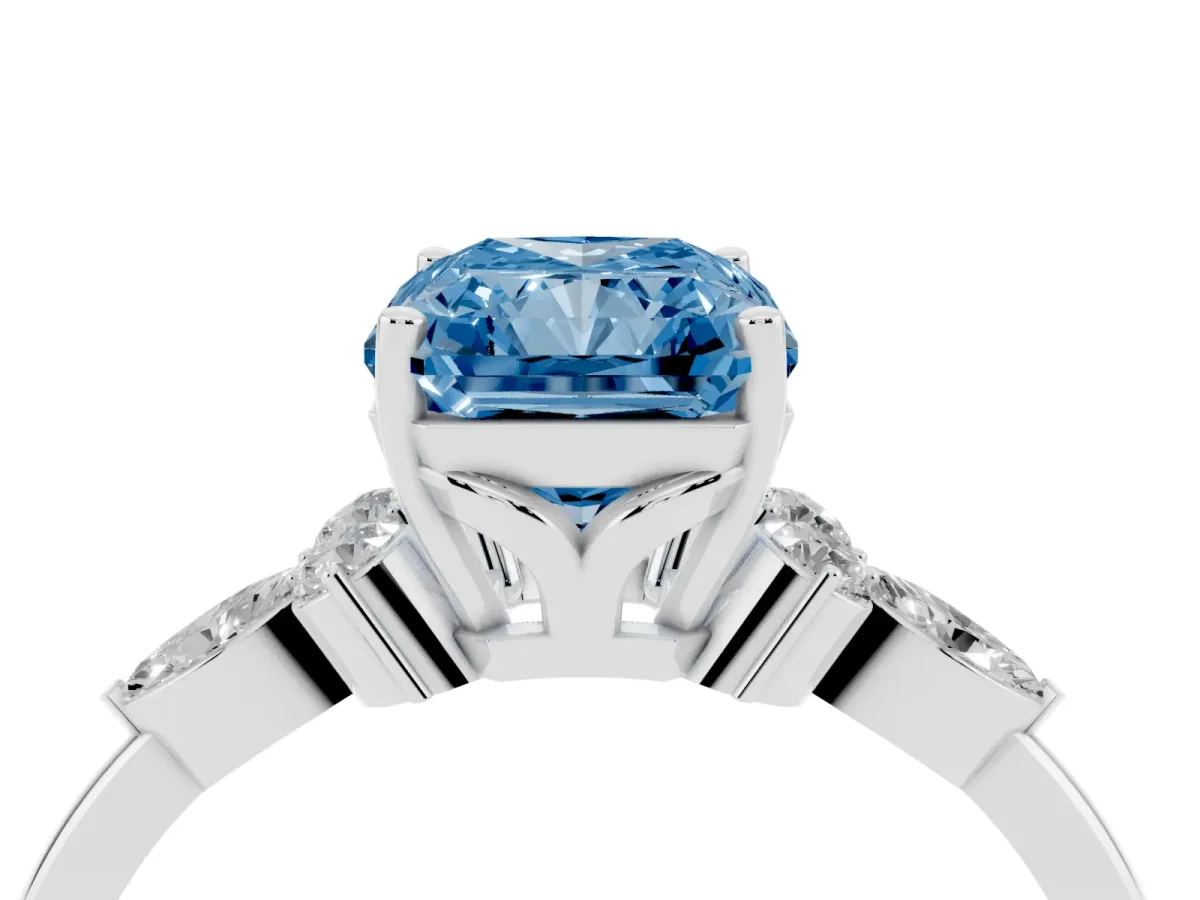 Fancy Blue Radiant Cut Brilliant Diamond Solitaire Ring with Pear Side Stones and Four-Prong Setting Silver