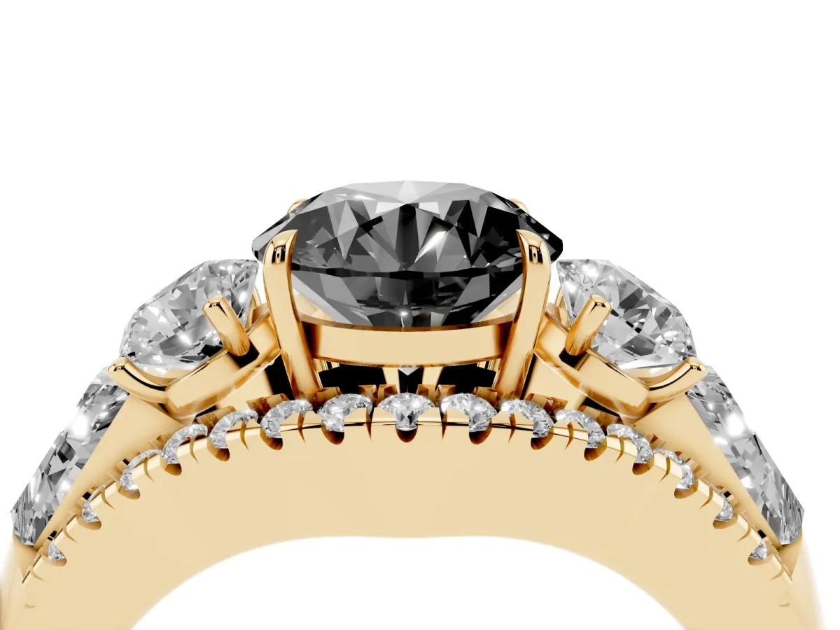 Fancy Black Three-Stone Round Cut Diamond Engagement Ring with Pave Band and Prong Setting Yellow gold