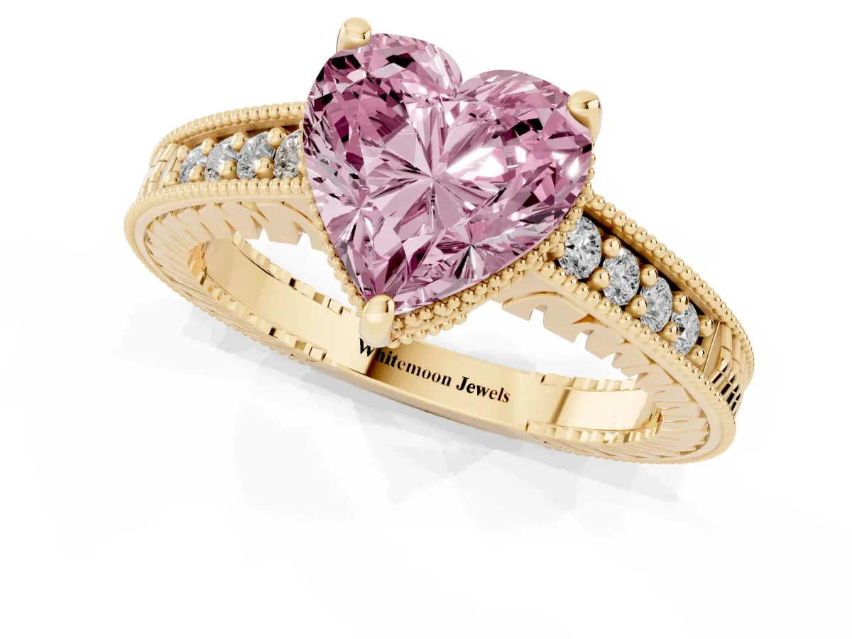Fancy Pink Heart Cut Solitaire Pavé Diamond Milgrain Engagement Ring with Four-Prong Setting Yellow gold
