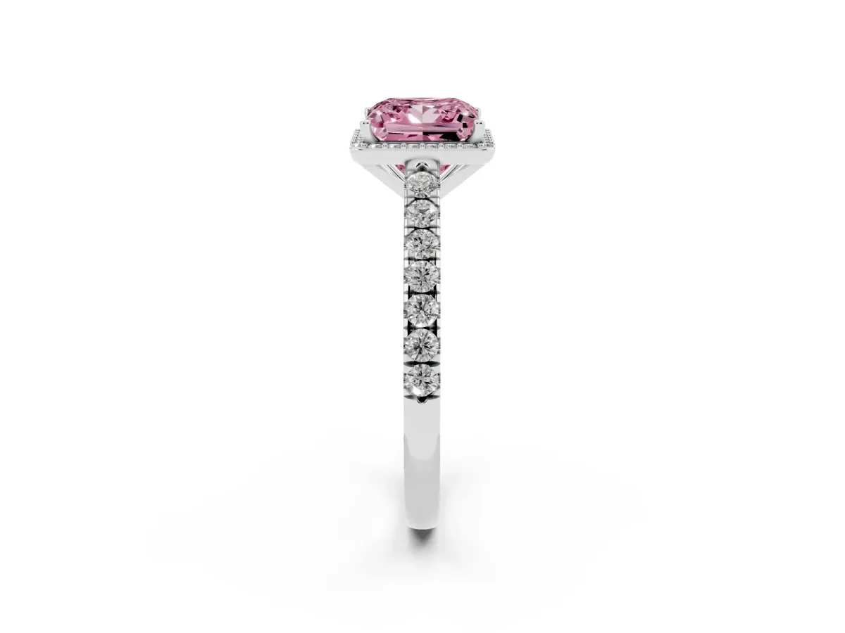 Fancy Pink Princess Cut Cut Halo Diamond Engagement Ring with Pave Band and Four-Prong Setting Platinum