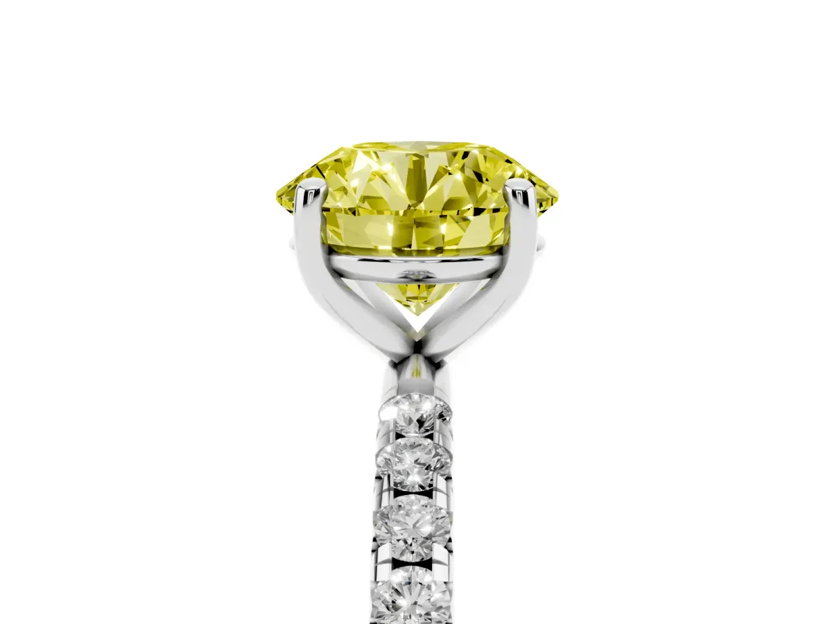 Fancy Yellow Round Cut Cut Diamond Solitaire Ring with Micro Pave Band and Four Prong Setting Platinum