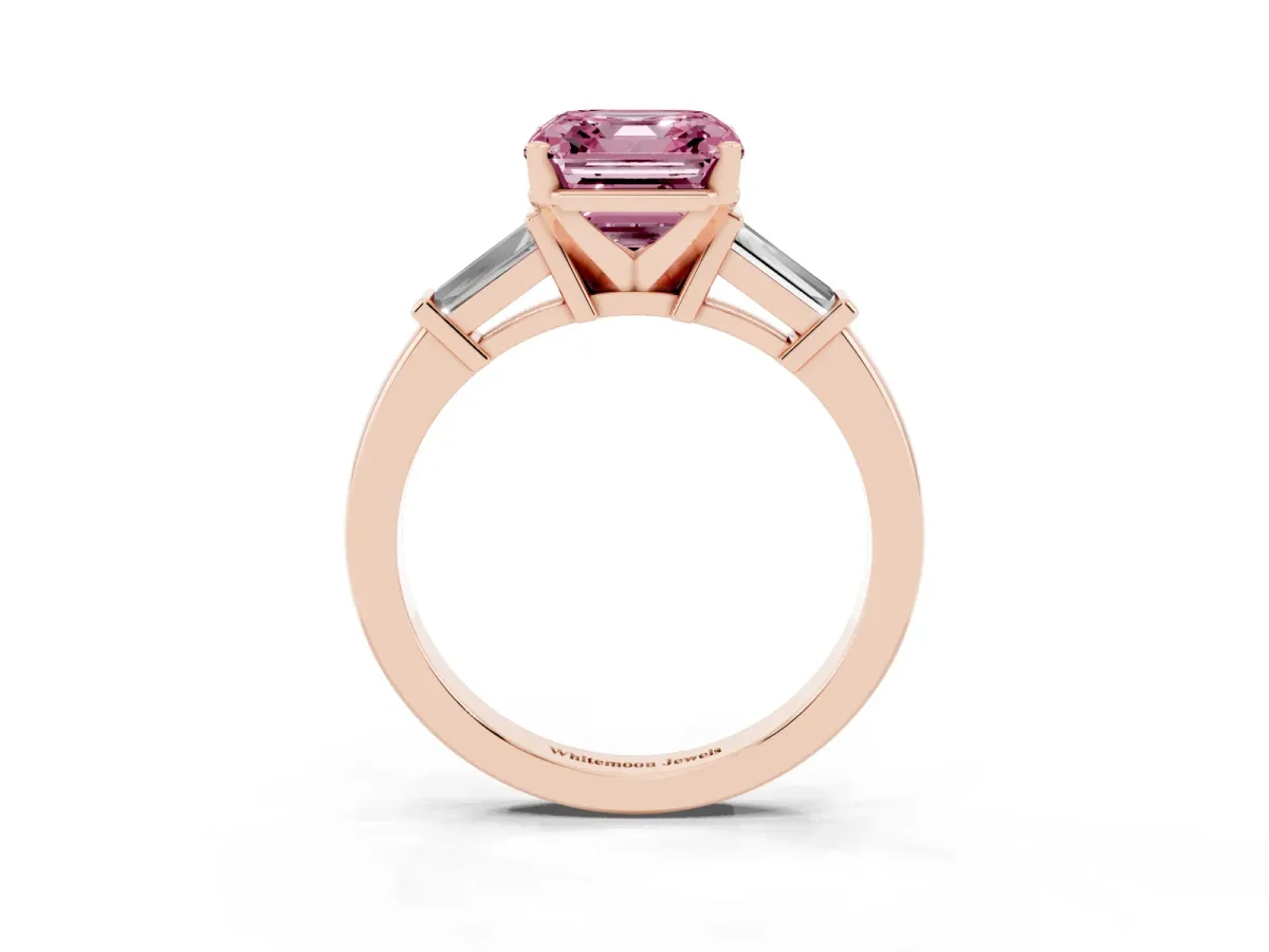Fancy Pink Asscher Cut Cut Diamond Solitaire Ring with Tapered Baguette Accents and Four-Prong Setting Rose gold