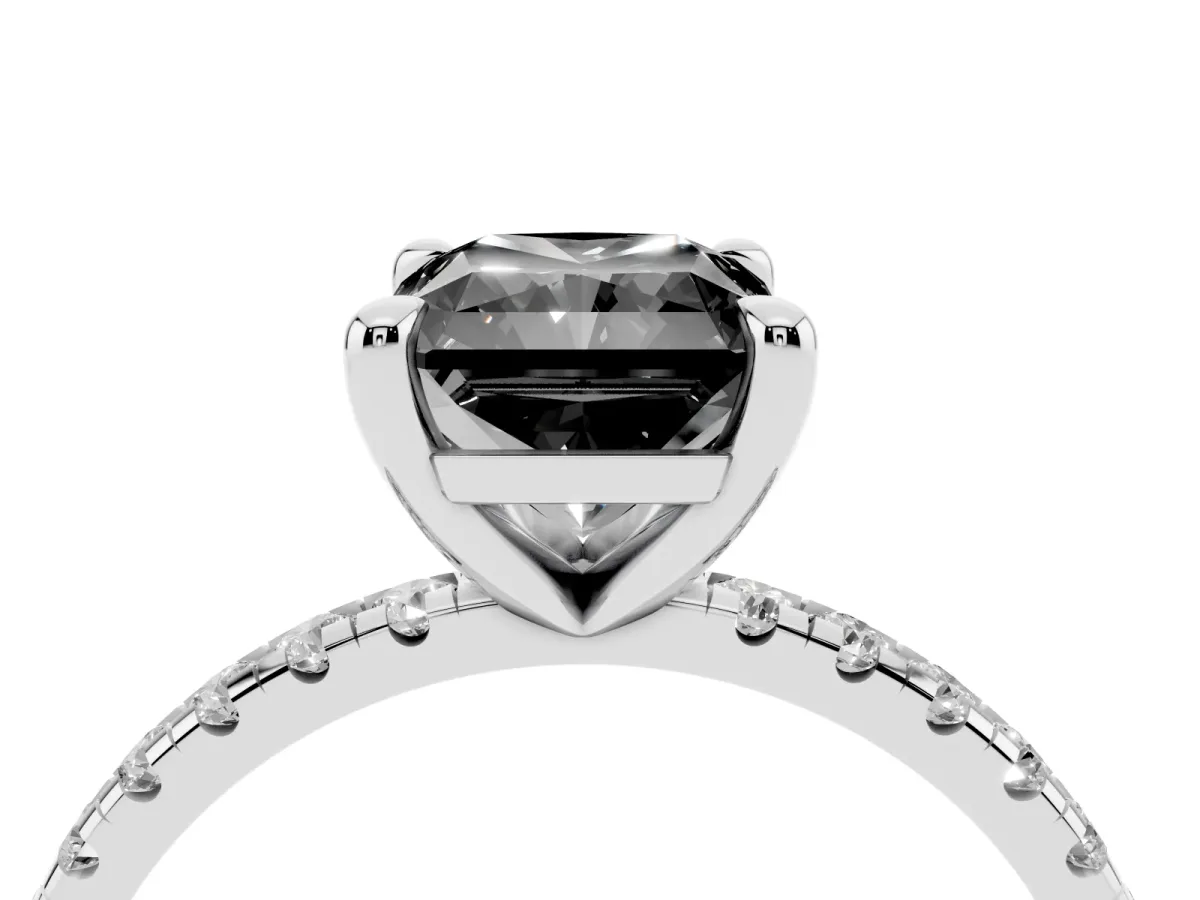Fancy Black Radiant Cut Diamond Brilliant Solitaire Ring with Pavé Band and Four-Prong Setting Silver