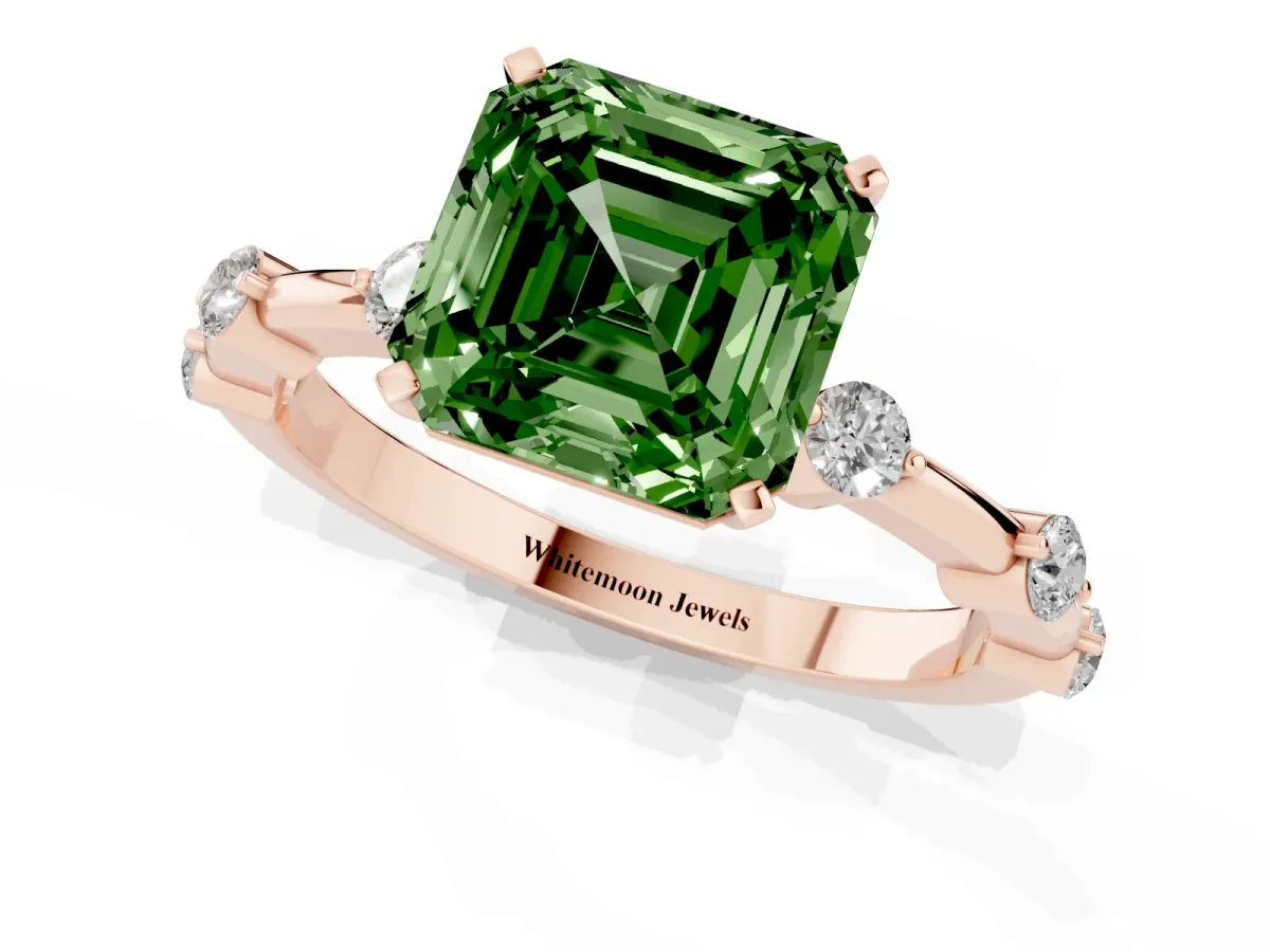 Fancy Green Asscher Cut Solitaire Diamond Ring with Bezel Set Side Stones and Prong Setting Rose gold