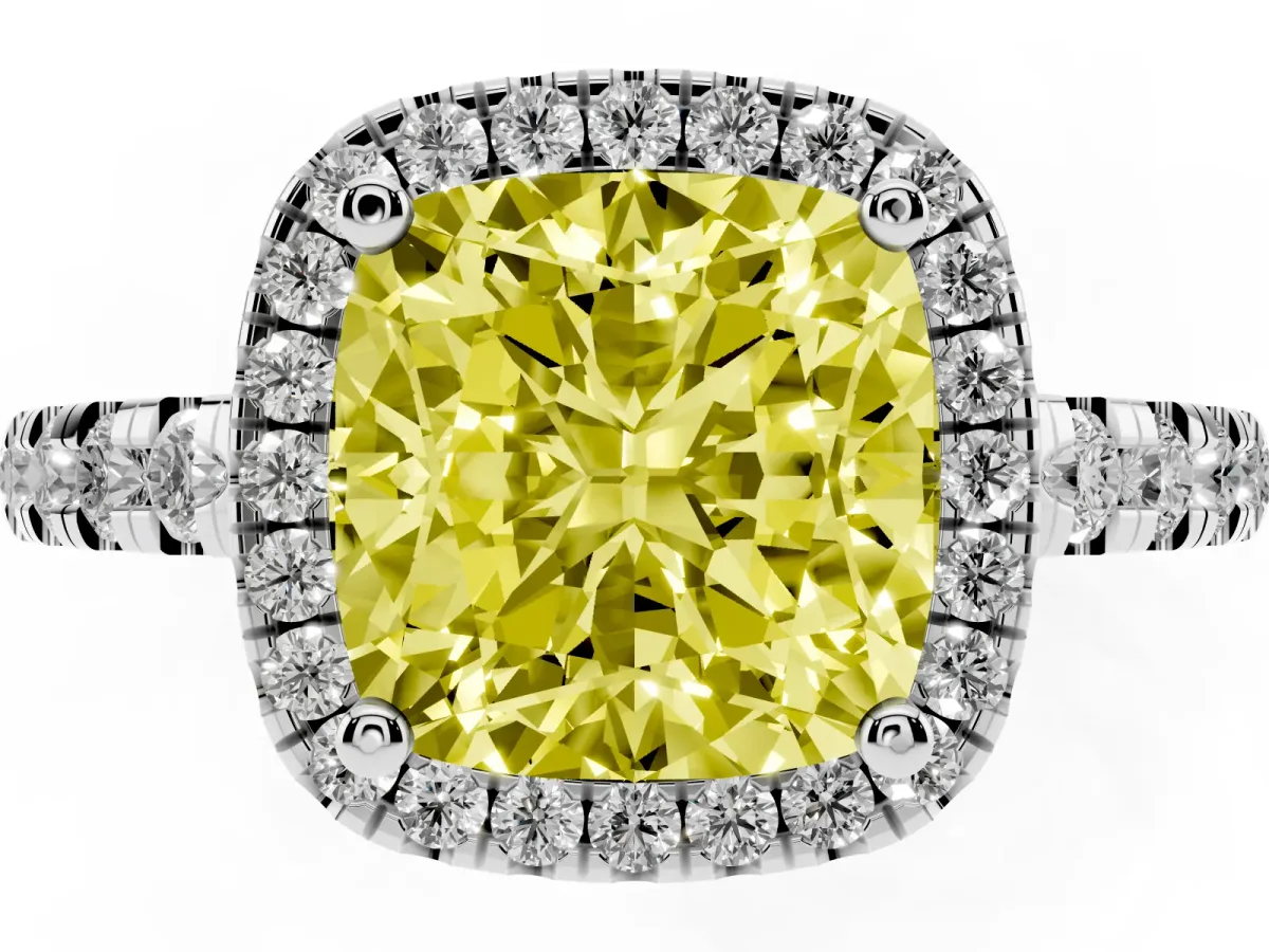 Fancy Yellow Cushion Cut Diamond Halo Ring with Pavé Band and Four-Prong Setting Silver