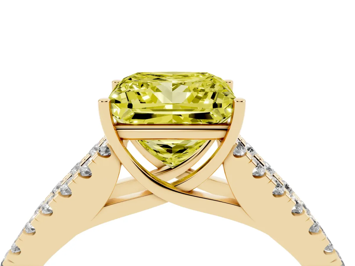 Fancy Yellow Princess Cut Diamond Split Shank Engagement Ring with Round Pavé and Prong Setting Yellow gold