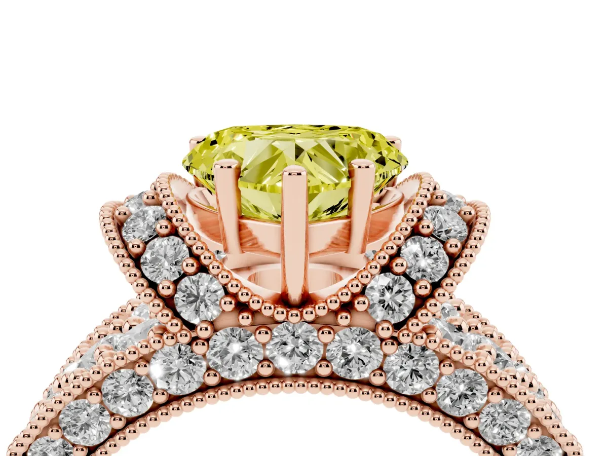 Fancy Yellow Heart Cut Halo Pave Diamond Engagement Ring with Milgrain Detailing Rose gold