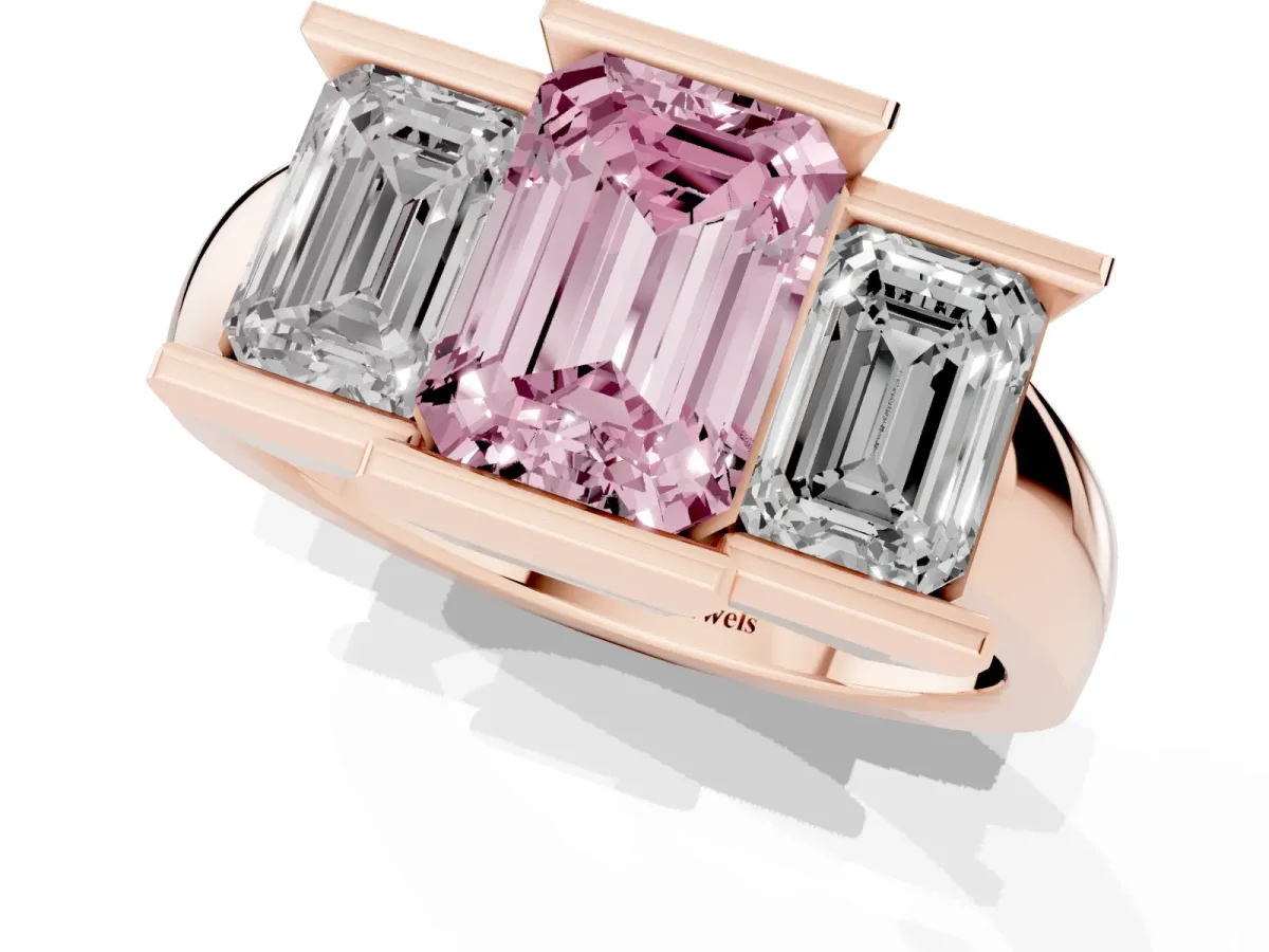 Fancy Pink Three Stone Emerald Cut Cut Channel Set Diamond Ring Rose gold