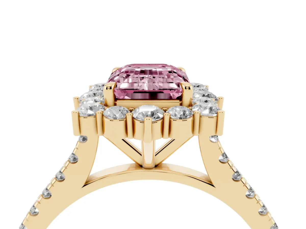 Fancy Pink Emerald Cut Halo Diamond Ring with Pavé Band and Prong Setting Yellow gold