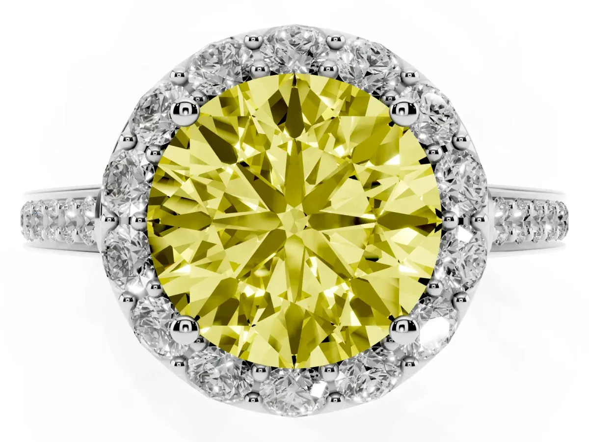 Fancy Yellow Round Cut Diamond Floral Halo Ring with Pavé Band and Prong Setting White gold