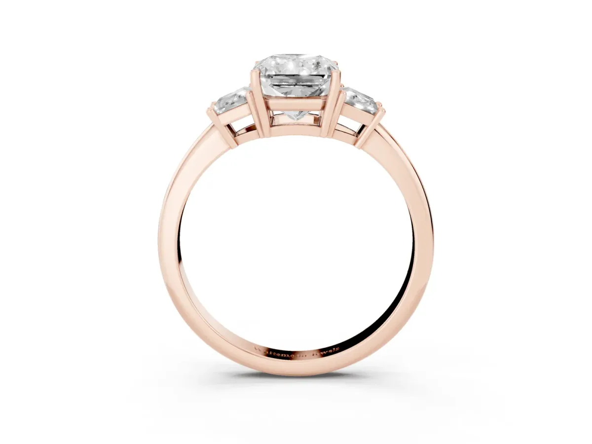 Radiant Cut Diamond Three-Stone Ring with Trapezoid Side Stones and Prong Setting Rose gold