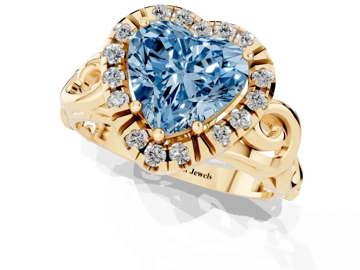 Fancy Blue Heart Cut Cut Halo Diamond Ring with Scrollwork Band and Four-Prong Setting Yellow gold