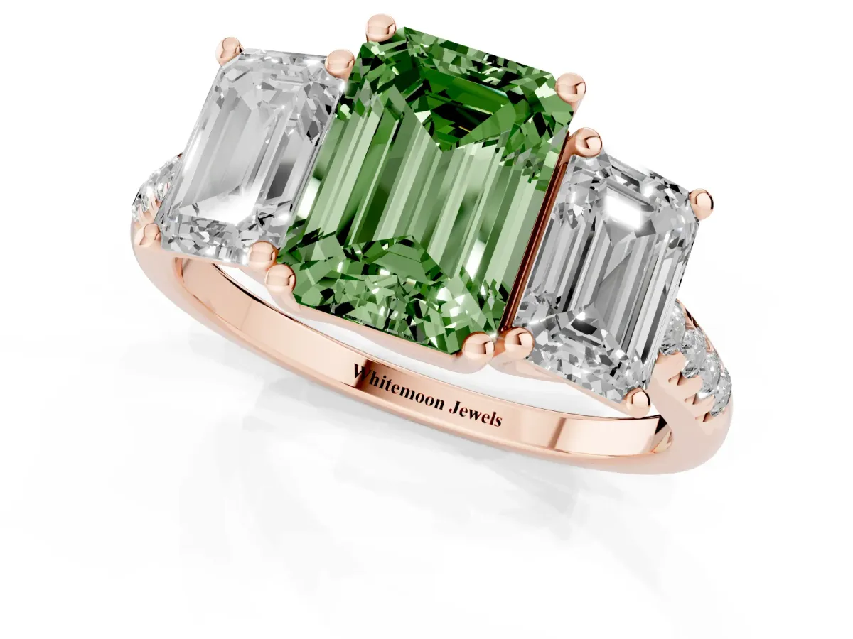 Fancy Green Three-Stone Emerald Cut Diamond Ring with Round Pavé Band and Prong Setting Rose gold