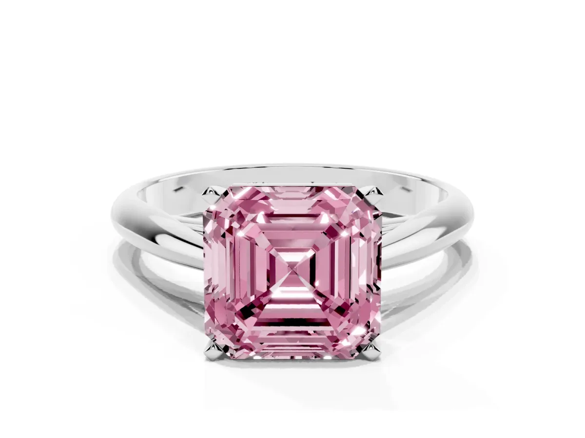 Fancy Pink Asscher Cut Diamond Solitaire Engagement Ring with Cathedral Setting and Four-Prong Mount Silver