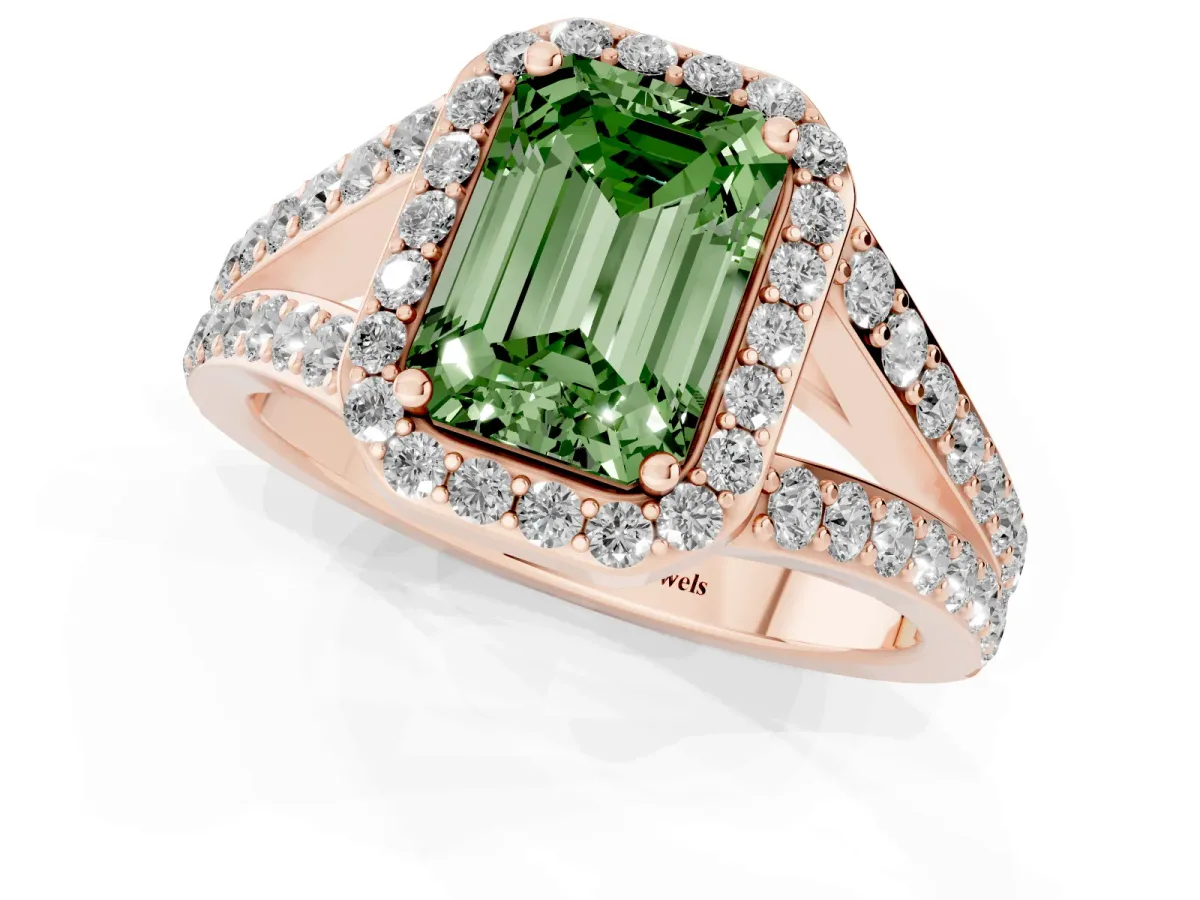 Fancy Green Emerald Cut Diamond Split Shank Halo Ring with Four-Prong Setting Rose gold