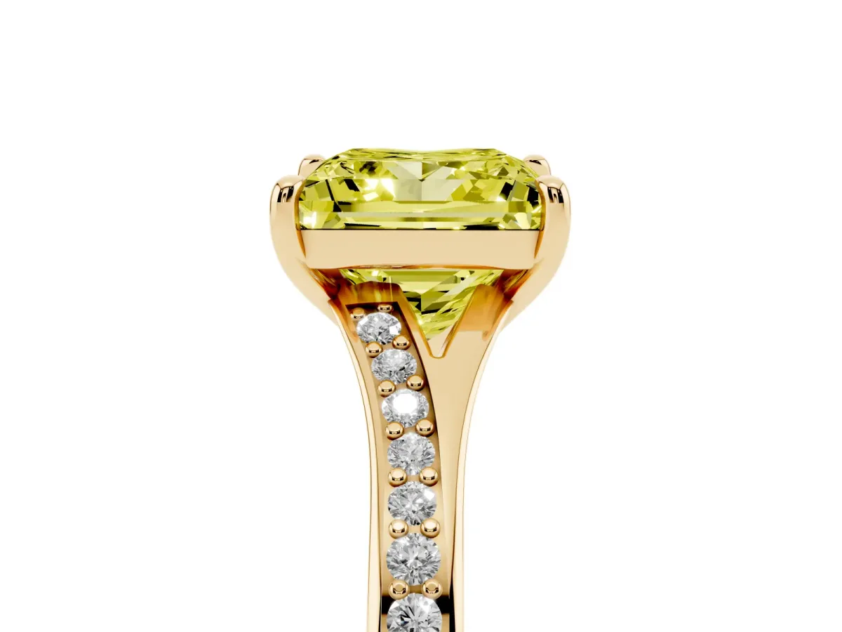 Fancy Yellow Princess Cut Diamond Solitaire Ring with Pavé Band and Prong Setting Yellow gold