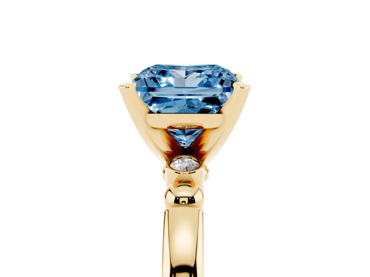 Fancy Blue Princess Cut Solitaire Beaded Band with Four-Prong Setting Yellow gold