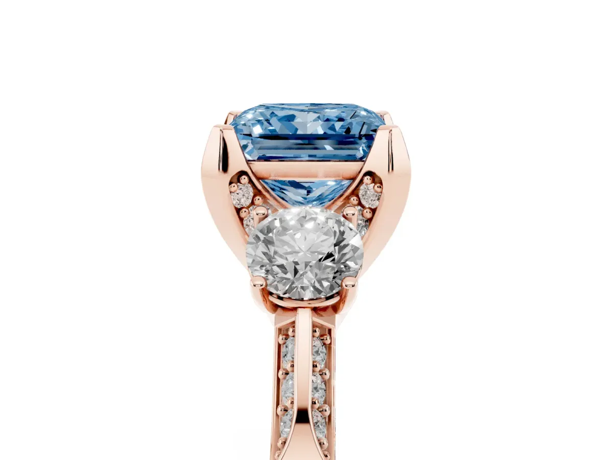 Fancy Blue Princess Cut Brilliant Three-Stone Diamond Ring with Pavé Band and Four-Prong Setting Rose gold