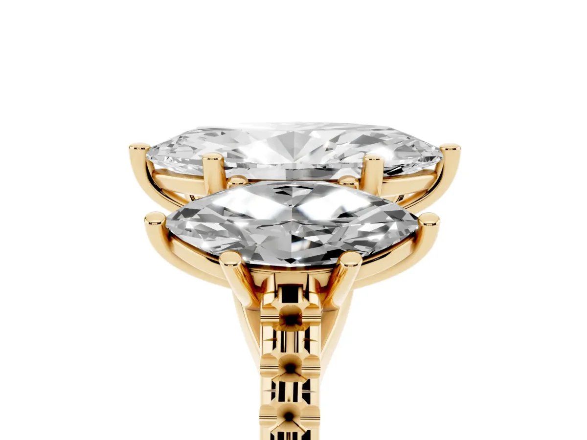 Three-Stone Marquise Cut Diamond Ring with Round Pavé Band and Prong Setting Yellow gold