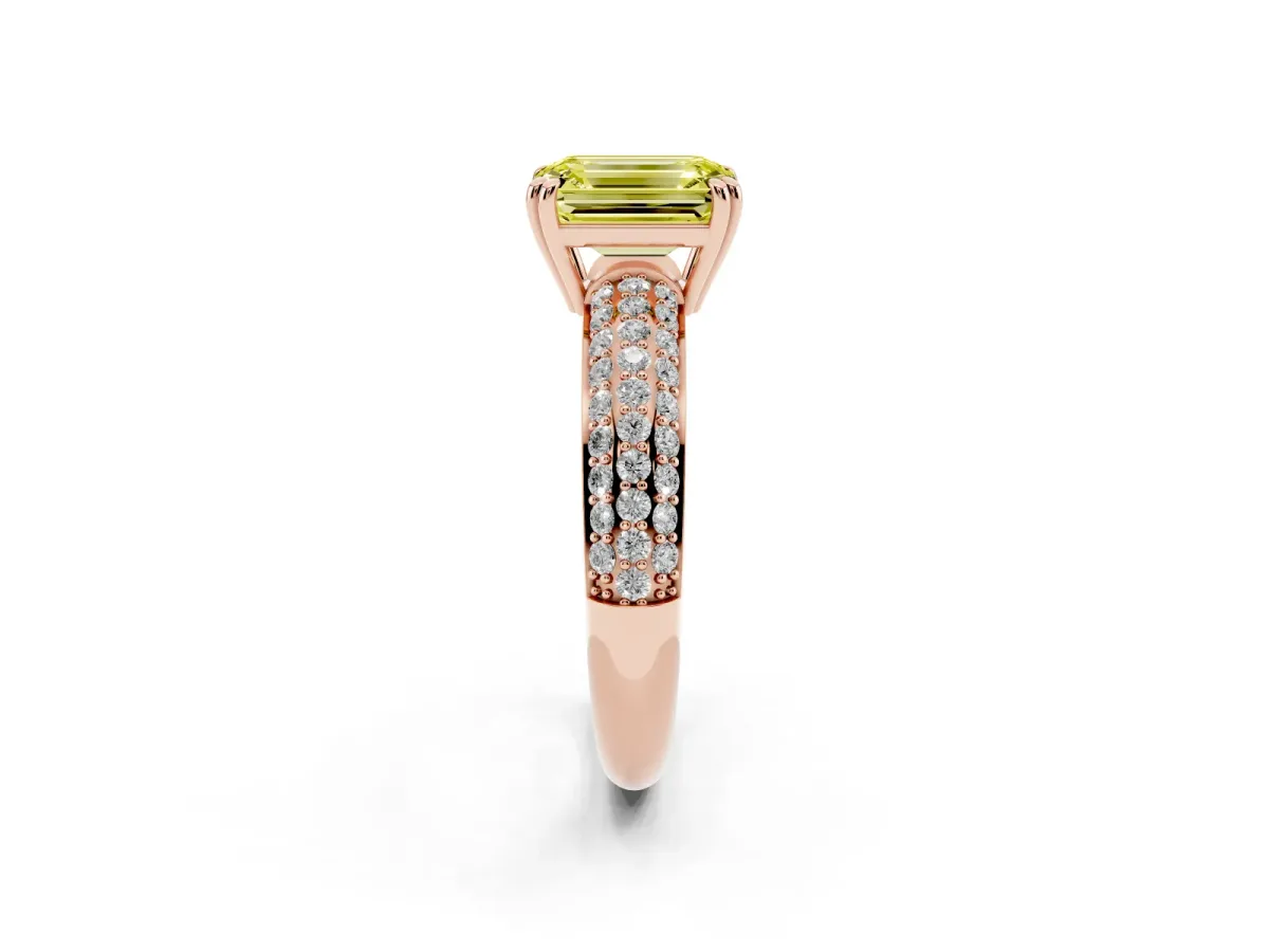 Fancy Yellow Emerald Cut Diamond Solitaire Ring with Multi-Row Round Pavé Band and Prong Setting Rose gold