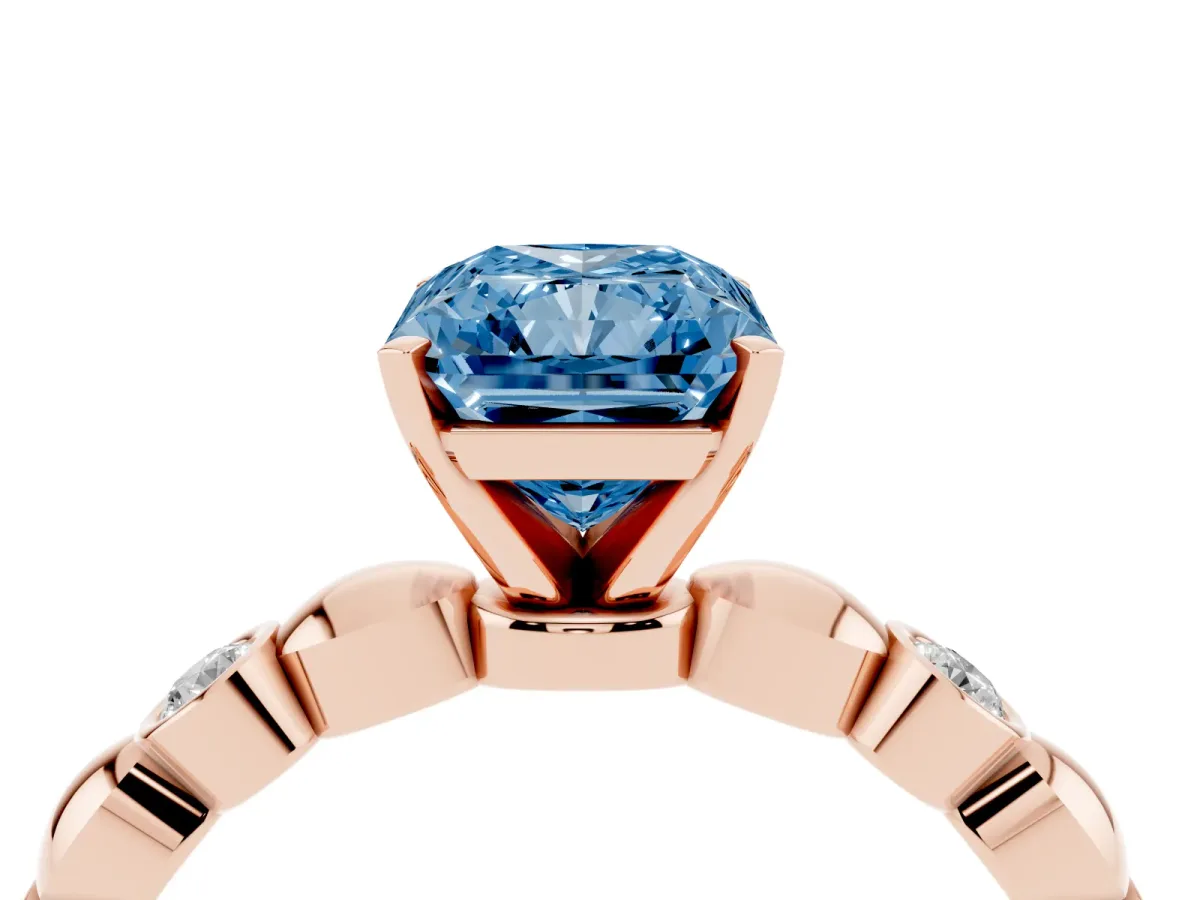 Fancy Blue Radiant Cut Solitaire Bezel-Set Diamond Ring with Beaded Band and Four-Prong Setting Rose gold