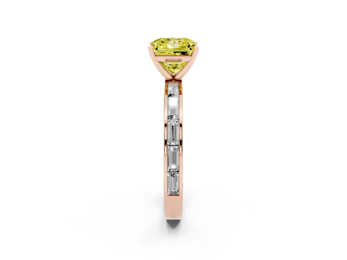 Fancy Yellow Princess Cut Solitaire Diamond Ring with Channel-Set Baguette Band and Four-Prong Setting Rose gold