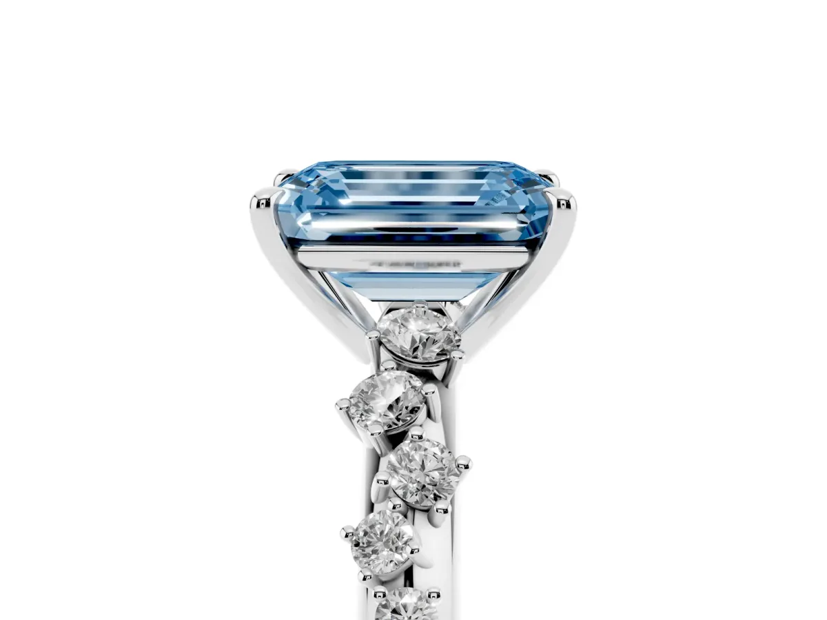Fancy Blue Emerald Cut Diamond Cluster Side Stone Solitaire Ring with Prong Setting Platinum