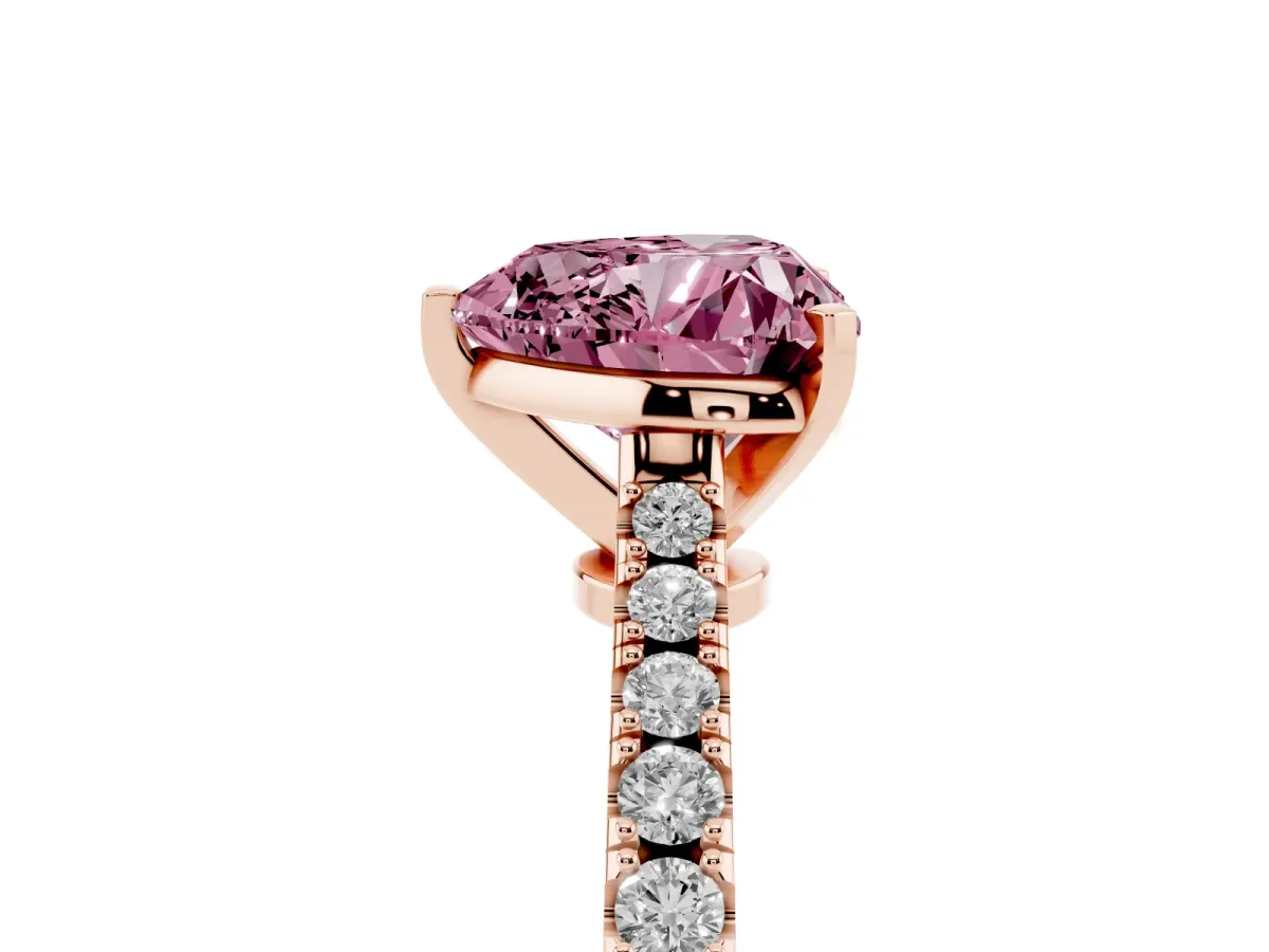 Fancy Pink Heart Cut Cut Solitaire Diamond Engagement Ring with Pave Band and Four-Prong Setting Rose gold