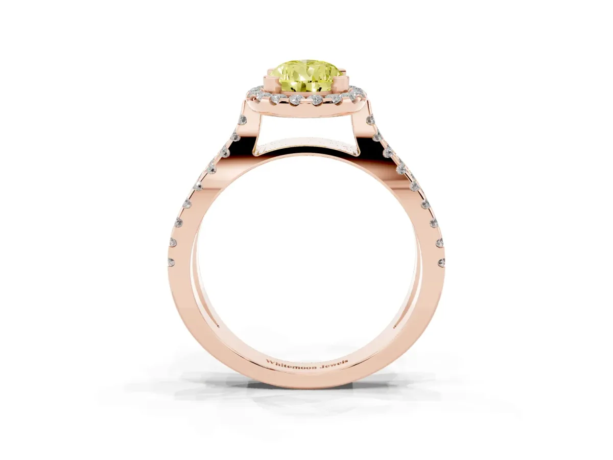 Fancy Yellow Pear Cut Diamond Halo Ring with Split Shank Pavé Band and Prong Setting Rose gold