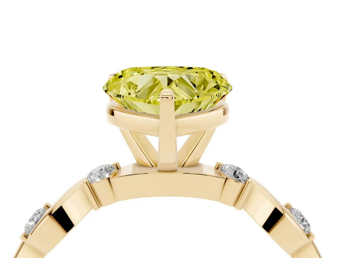 Fancy Yellow Heart Cut Diamond Solitaire Twisted Band with Round Accents and Prong Setting Yellow gold