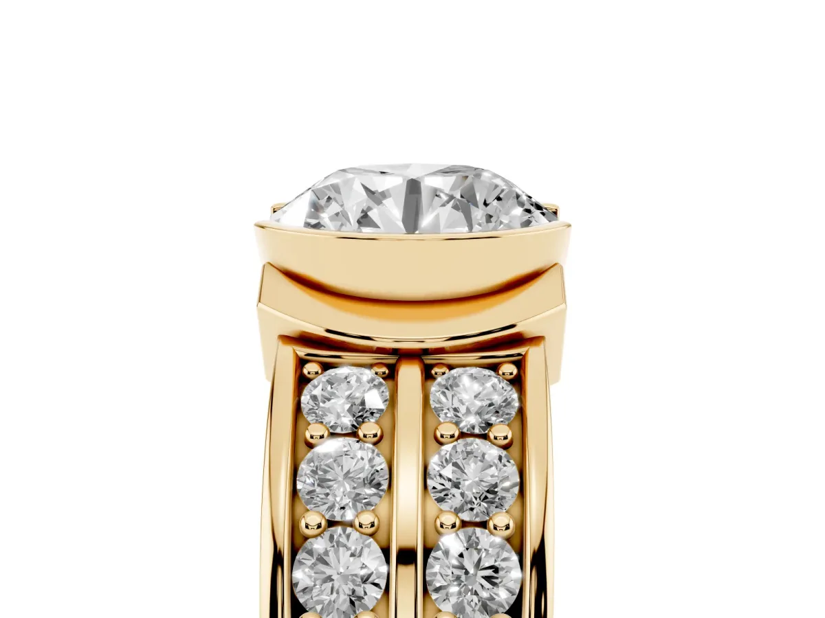Round Cut Brilliant Diamond Channel Set Wide Band Ring with Bezel Setting Yellow gold