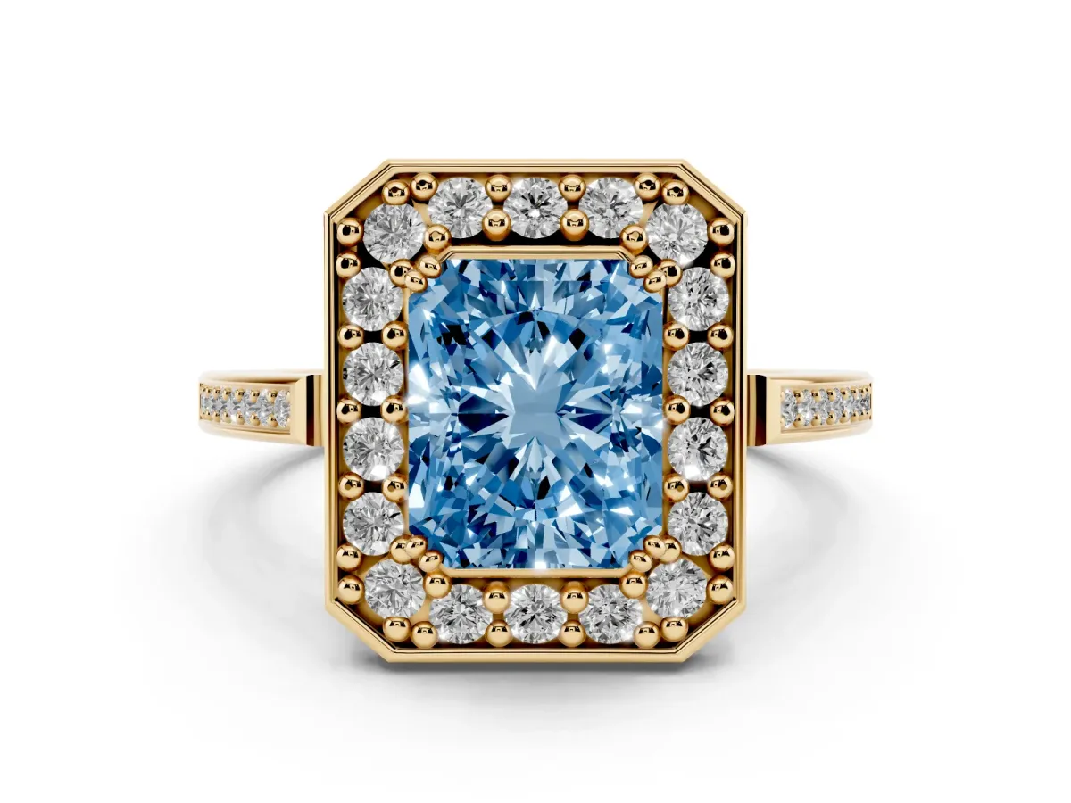 Fancy Blue Radiant Cut Diamond Halo Ring with Split Shank and Four-Prong Setting Yellow gold