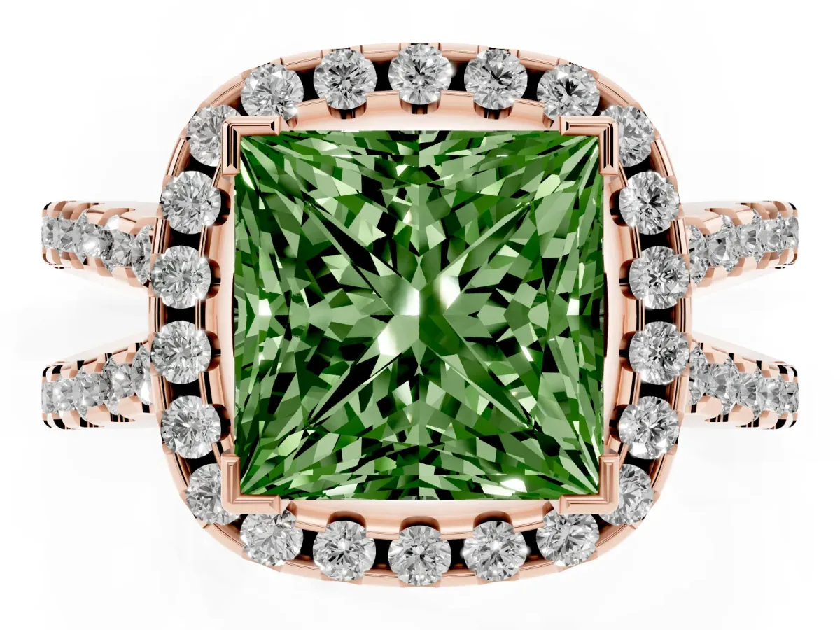 Fancy Green Princess Cut Diamond Halo Ring with Split Shank Pavé Band and Prong Setting Rose gold