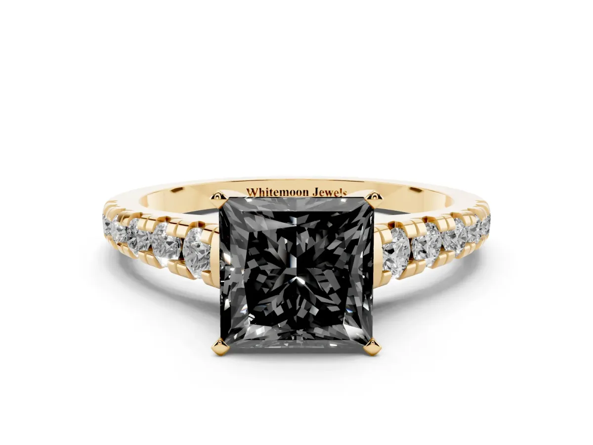 Fancy Black Princess Cut Diamond Cathedral Solitaire Ring with Round Pavé Band Yellow gold