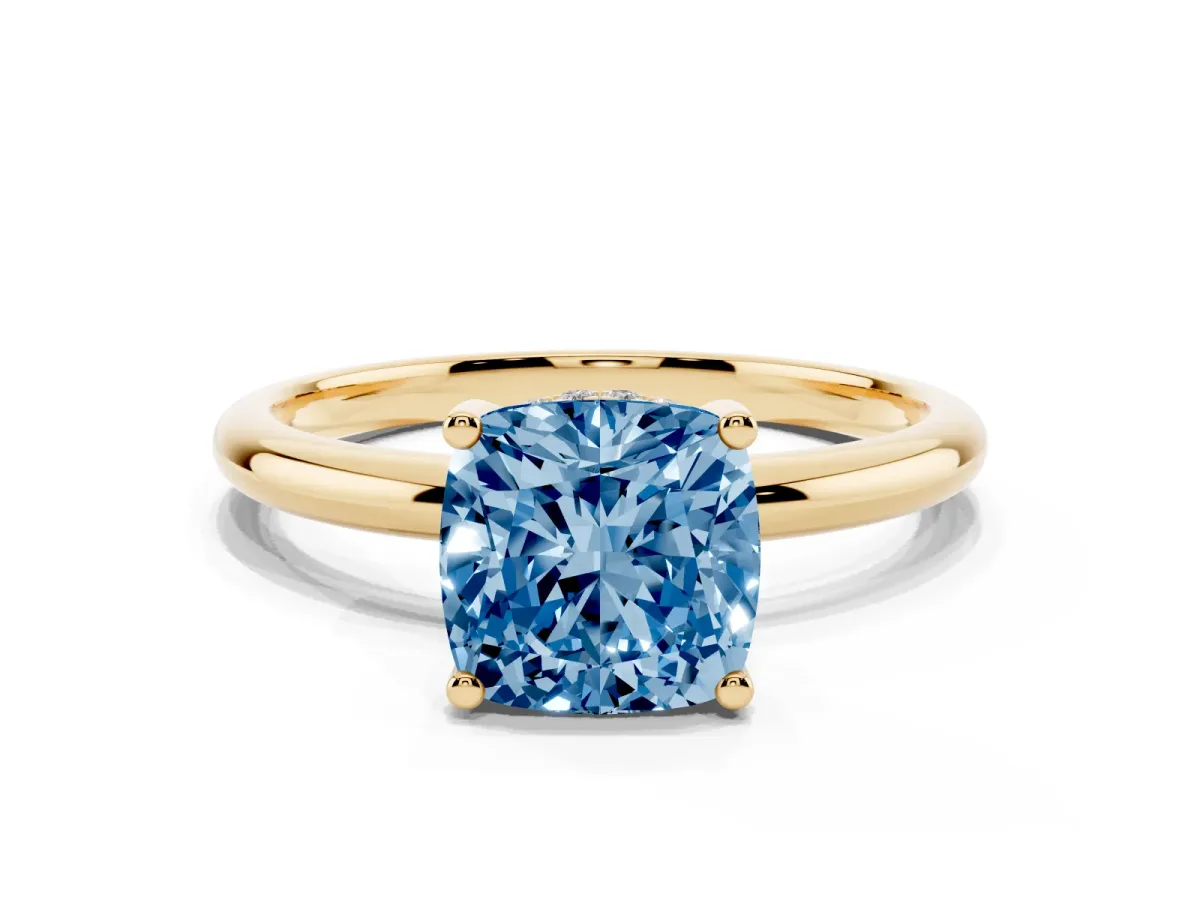 Fancy Blue Cushion Cut Cut Solitaire Engagement Ring with Four-Prong Setting and Classic Band Yellow gold
