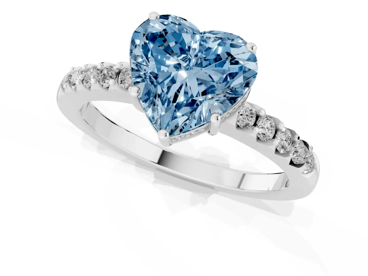Fancy Blue Heart Cut Solitaire Diamond Engagement Ring with Pavé Band and Six-Prong Setting Silver