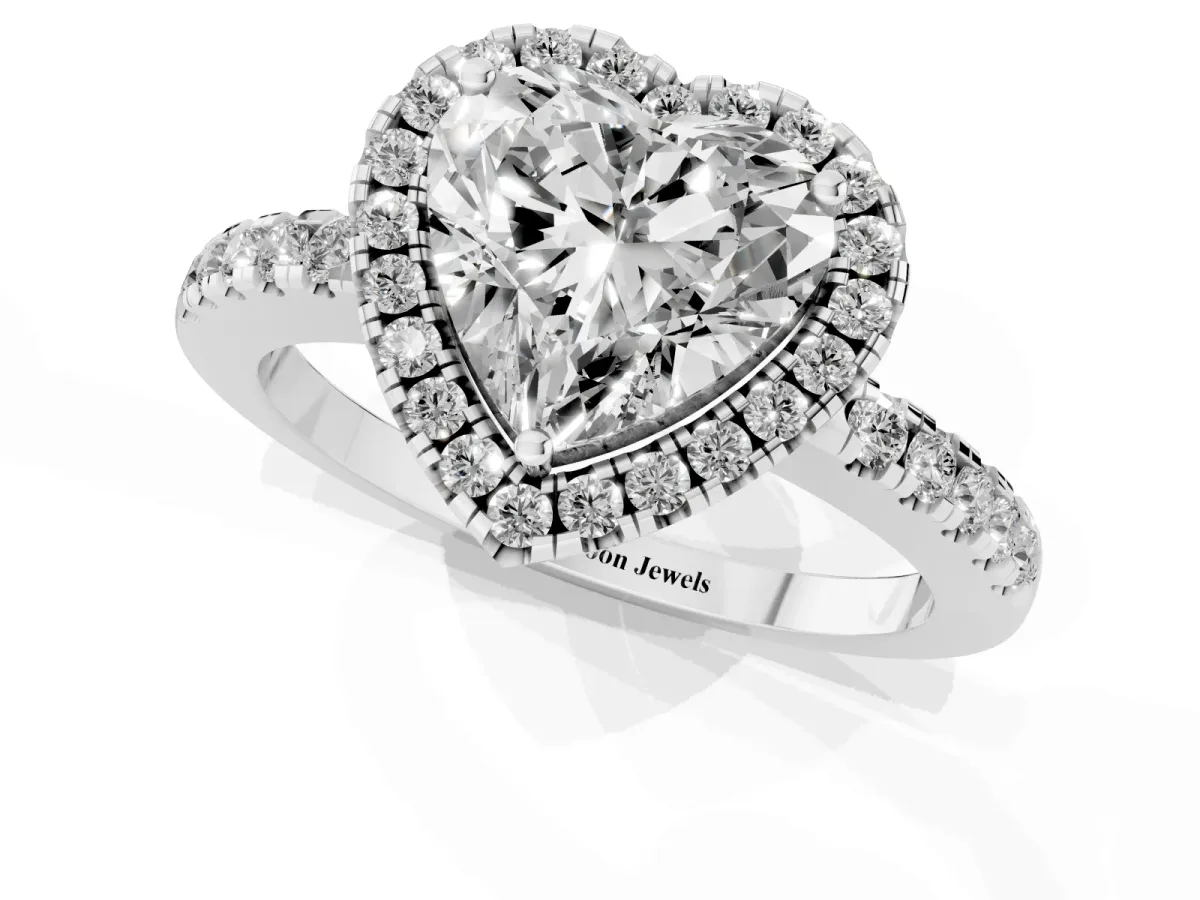 Heart Cut Halo Diamond Engagement Ring with Pavé Band and Four-Prong Setting Platinum