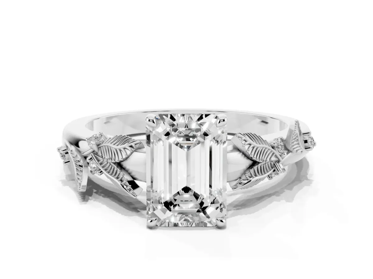 Emerald Cut Diamond Solitaire Ring with Leaf Motif Band and Four-Prong Setting Platinum