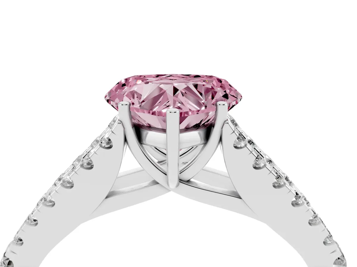 Fancy Pink Heart Cut Diamond Split Shank Engagement Ring with Round Pavé and Prong Setting Silver