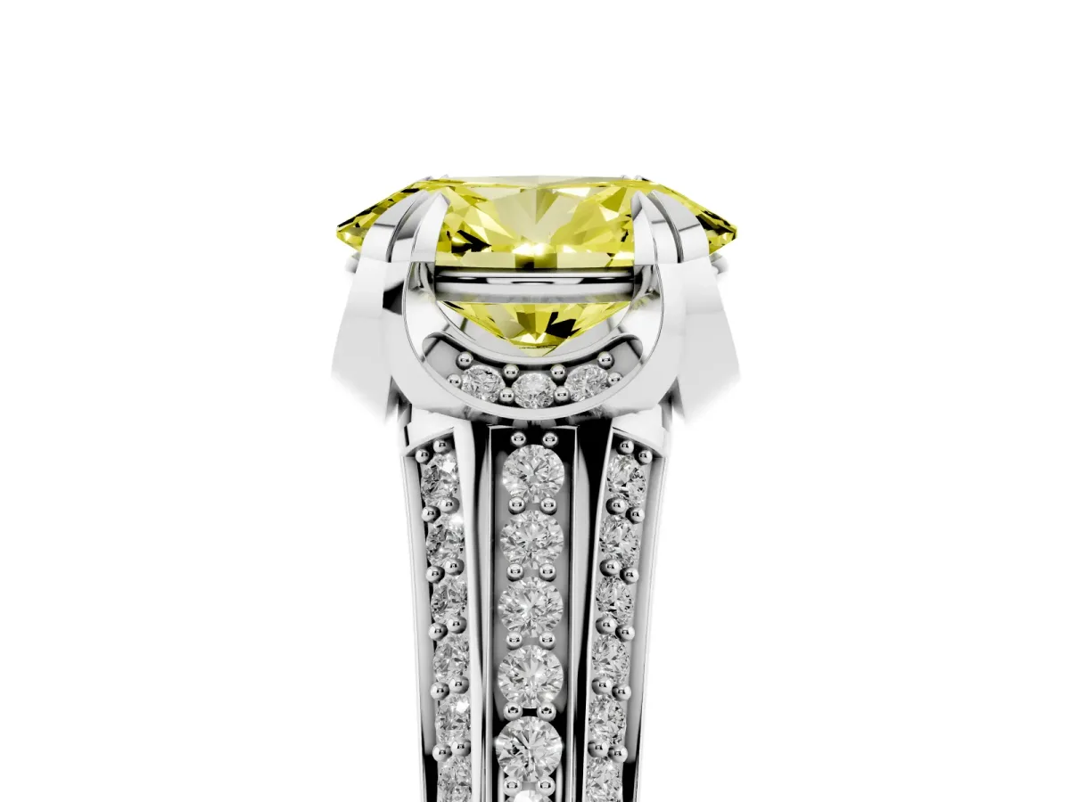 Fancy Yellow Oval Cut Solitaire Pave Split Shank Ring with Four-Prong Setting Platinum