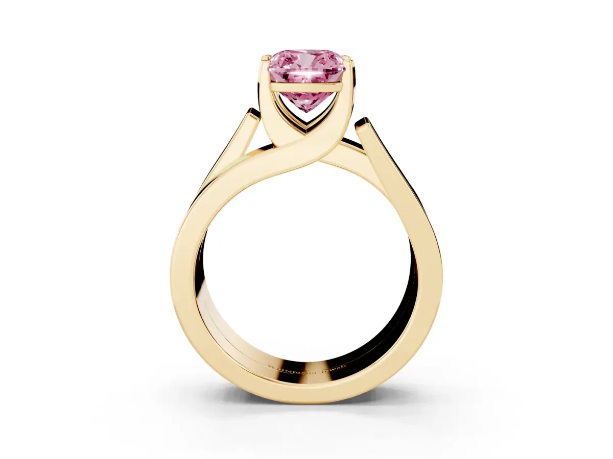 Fancy Pink Modern Tension Set Cushion Cut Diamond Solitaire Wide Band Ring Yellow gold
