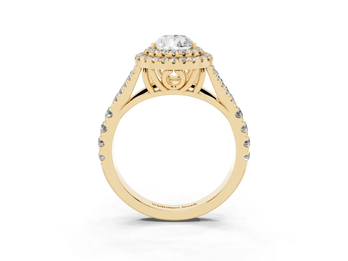 Double Halo Pear Cut Diamond Split Shank Engagement Ring with Four-Prong Setting Yellow gold
